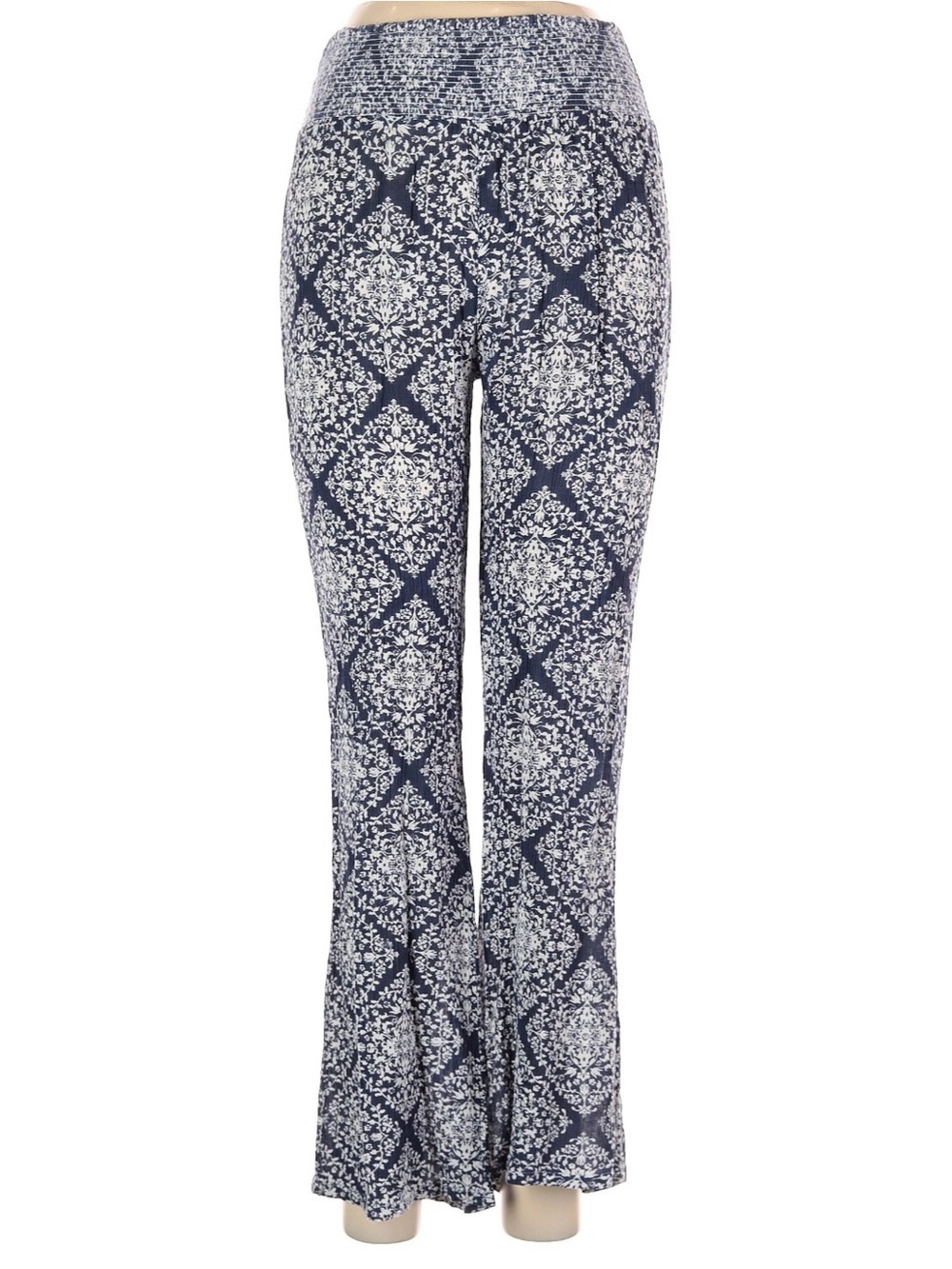 Deja Bleu Navy Patterned Pants with Smocked Waist